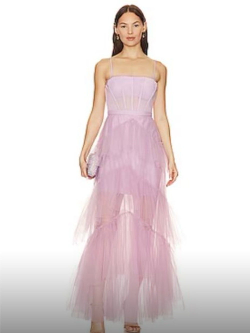 BCBGMaxAzria Lilac Tulle Tiered Spaghetti-Strap Maxi Dress